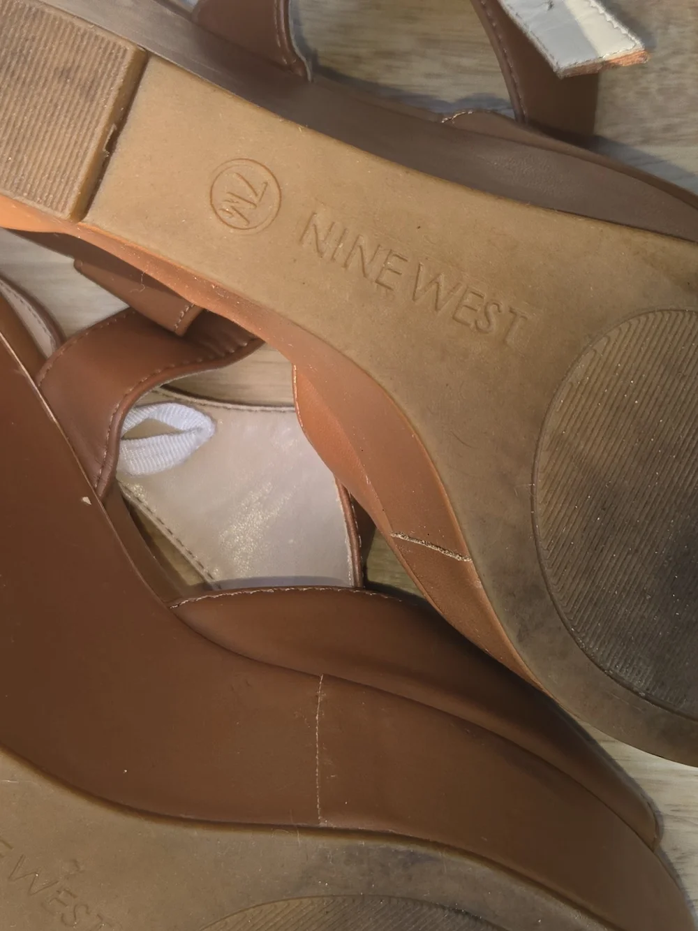 Nine West Tan Leather Platform T-Strap Heels